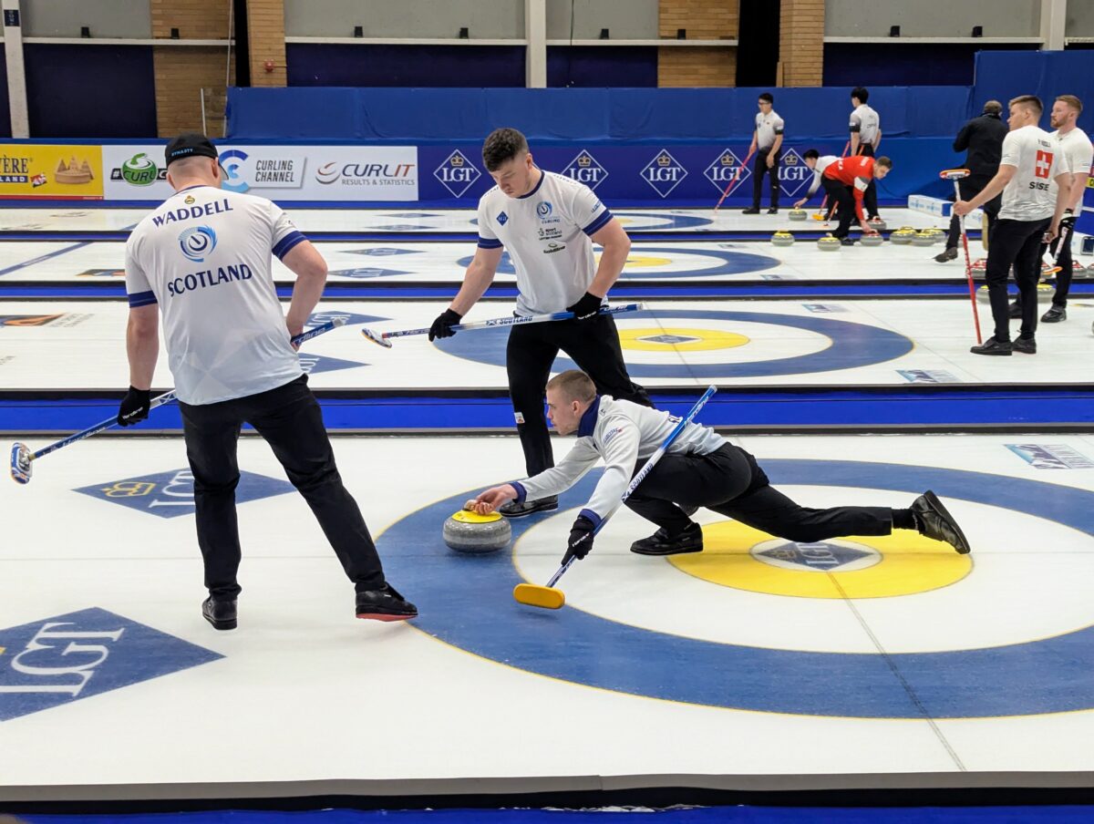 Scottish skip Ross Whyte delivers a stone during a game against the United States at the 2026 World Men's Curling Championship on Saturday, March 28, 2026, in Ogden, Utah. (Ryan Olson, Standard-Examiner)